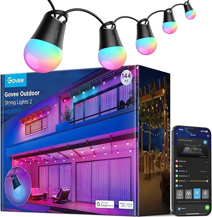 govee smart outdoor string lights 2, 144ft outdoor lights with dimmable warm white led bulbs, 47 scene modes for patio, backyard, balcony, ip65 waterproof, works with alexa, app control govee smart outdoor string lights 2, 144ft outdoor lights with dimmable warm white led bulbs, 47 scene modes for patio, backyard, balcony, ip65 waterproof, works with alexa, app control