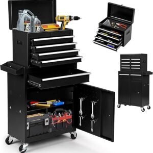 5 drawer rolling tool chest – 2 in 1 lockable tool box with wheels, sliding drawers & detachable top – garage & workshop storage cabinet, black