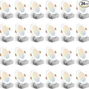 amico 24 pack 6 inch 5cct ultra thin led recessed ceiling light with junction box, 1050lm brightness, dimmable canless wafer downlight, 12w, etl&fcc
