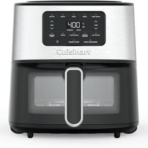 cuisinart air fryer, 6 quart basket large fryer with 5 cooking functions to roast, bake, broil, air fry and keep warm, 5 airfryer presets, dishwasher safe parts, air 200nas, stainless steel & black