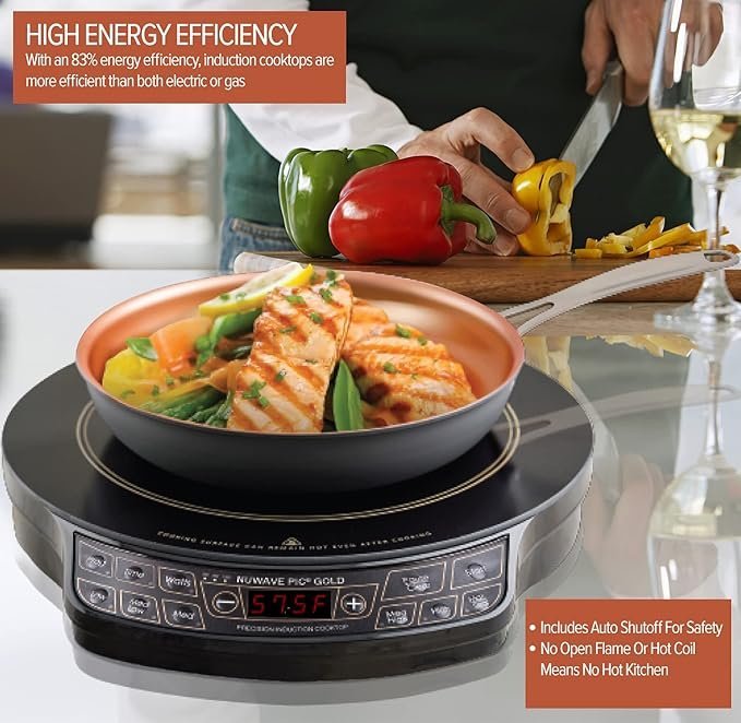 nuwave gold precision induction cooktop, portable, powerful with large 8” heating coil,100°f to 575°f, 3 wattage settings, 12” heat resistant cooking surface nuwave gold precision induction cooktop, portable, powerful with large 8” heating coil,100°f to 575°f, 3 wattage settings, 12” heat resistant cooking surface