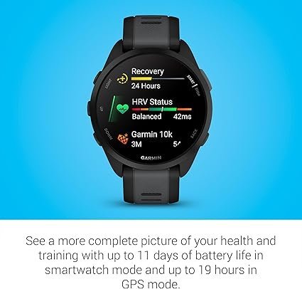 garmin forerunner 165, running smartwatch, colorful amoled display, training metrics and recovery insights, black garmin forerunner 165, running smartwatch, colorful amoled display, training metrics and recovery insights, black