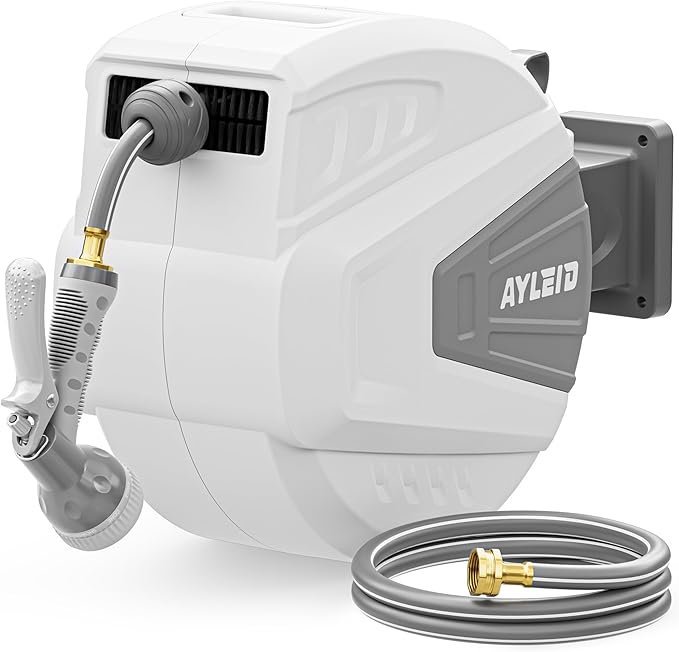 ayleid retractable garden hose reel,1/2 in x 100 ft wall mounted hose reel, with 9 function sprayer nozzle, any length lock/slow return system/wall mounted/180°swivel bracket (gray) ayleid retractable garden hose reel,1/2 in x 100 ft wall mounted hose reel, with 9 function sprayer nozzle, any length lock/slow return system/wall mounted/180°swivel bracket (gray)