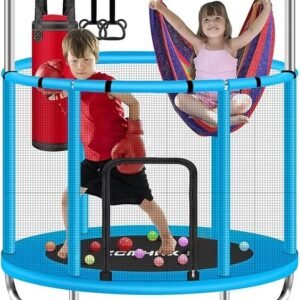 zcmhaxj 55" trampoline for kids with enclosure, 440lbs capacity indoor & outdoor toddler trampoline with adjustable gymnastics bar & toys, for boys & girls