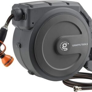 giraffe tools retractable garden hose reel 1/2 inch x 130 ft, super heavy duty, any length lock, slow return system, wall mounted and 180 deg swivel bracket