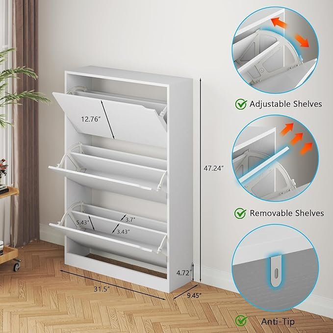 bornoon shoe cabinet with 3 flip drawers, hidden wood shoe cabinet,freestanding shoe storage cabinet for entryway hallway.white. 47.2" h*31.5" w*9.45" d. bornoon shoe cabinet with 3 flip drawers, hidden wood shoe cabinet,freestanding shoe storage cabinet for entryway hallway.white. 47.2" h*31.5" w*9.45" d.