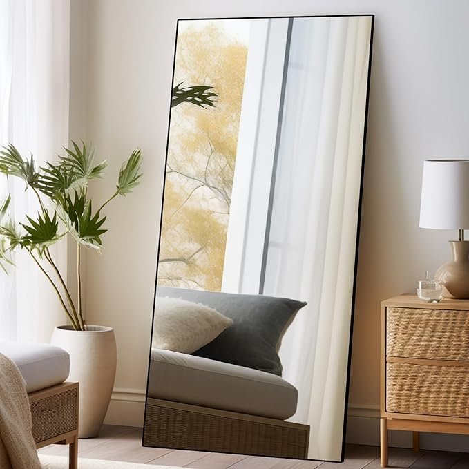 beauty4u 71" x 32" full length mirror with stand, large floor mirror for bedroom, wall mounted or leaning full body mirror, hd tempered glass dressing mirror for outfit check & home decor, black