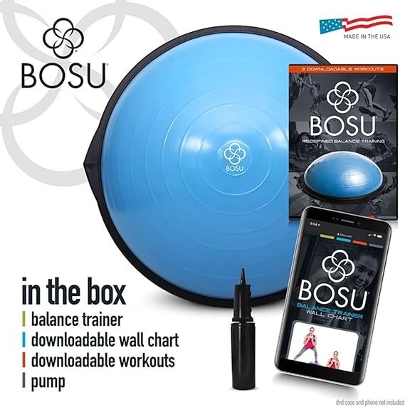 bosu balance ball exercise trainer, home gym equipment w/guided workouts & pump, 26" inflatable fitness platform for strength training, standing, balancing, and core workout bosu balance ball exercise trainer, home gym equipment w/guided workouts & pump, 26" inflatable fitness platform for strength training, standing, balancing, and core workout