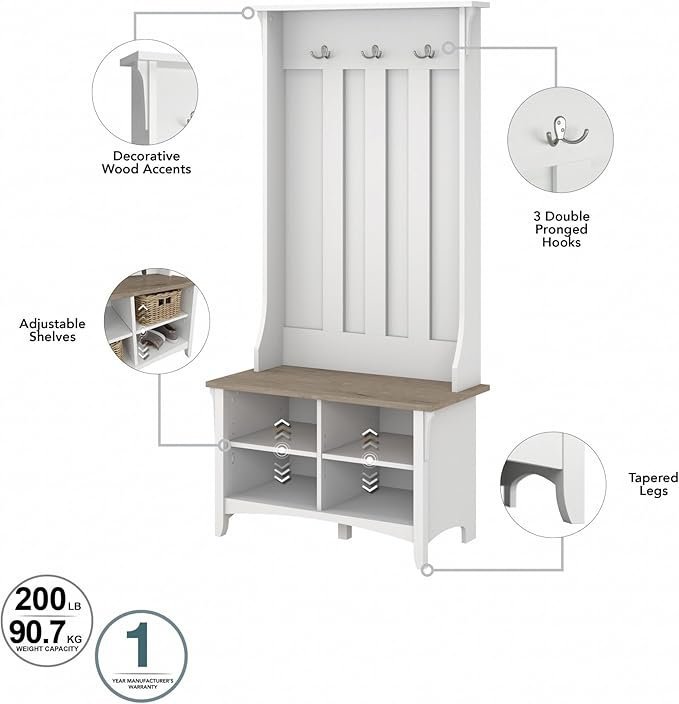 bush home salinas hall tree with shoe storage bench in shiplap gray and pure white, multi purpose home organizer, entryway solution with seating and hooks bush home salinas hall tree with shoe storage bench in shiplap gray and pure white, multi purpose home organizer, entryway solution with seating and hooks