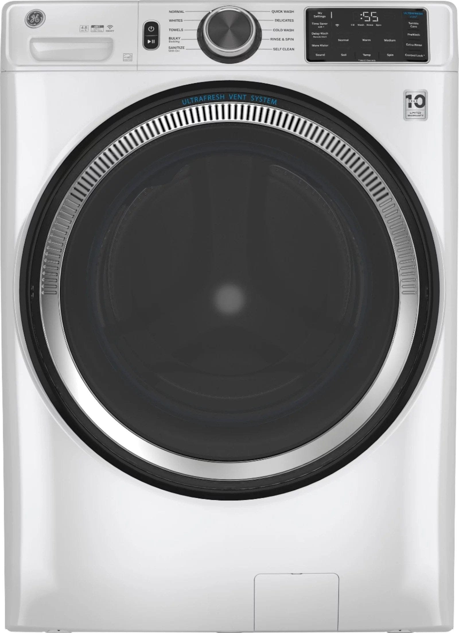 ge – 4.8 cuft high efficiency stackable smart front load washer w/ultrafresh vent system & microban antimicrobial technology – white on white ge – 4.8 cuft high efficiency stackable smart front load washer w/ultrafresh vent system & microban antimicrobial technology – white on white