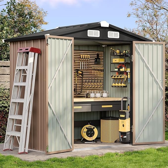 aoxun 6.2x4 ft shed outdoor storage shed with lockable doors & slooping roof metal garden tool shed for backyard, patio, poolside (brown)