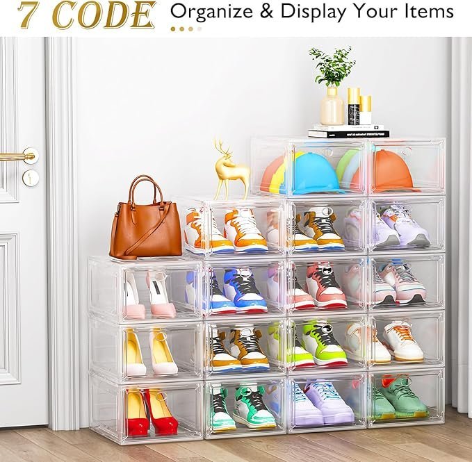12 pack clear shoe storage organizer with magnetic door,stackable plastic shoe boxes for sneakers,boots,and heels,space saving foldable shoe rack for closet,durable shoe cabinet organizer,white 12 pack clear shoe storage organizer with magnetic door,stackable plastic shoe boxes for sneakers,boots,and heels,space saving foldable shoe rack for closet,durable shoe cabinet organizer,white