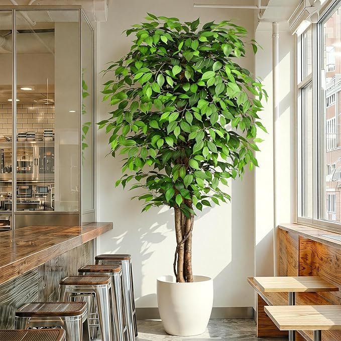7ft large ficus artificial trees with natural curved trunks, 84" tall lush faux tree for home decor indoor, green lifelike fake ficus tree artificial plants in pot（set of 2）