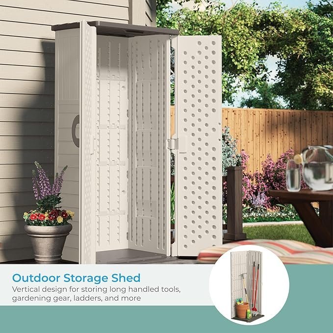 suncast vertical outdoor storage shed with all weather construction, vanilla suncast vertical outdoor storage shed with all weather construction, vanilla