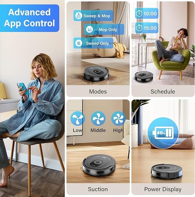 tikom robot vacuum and mop combo, 5000pa robotic vacuum cleaner, 150 min max, app & remote control, ideal for hard floor, carpet, pet hair, self charge(g8000 max) tikom robot vacuum and mop combo, 5000pa robotic vacuum cleaner, 150 min max, app & remote control, ideal for hard floor, carpet, pet hair, self charge(g8000 max)