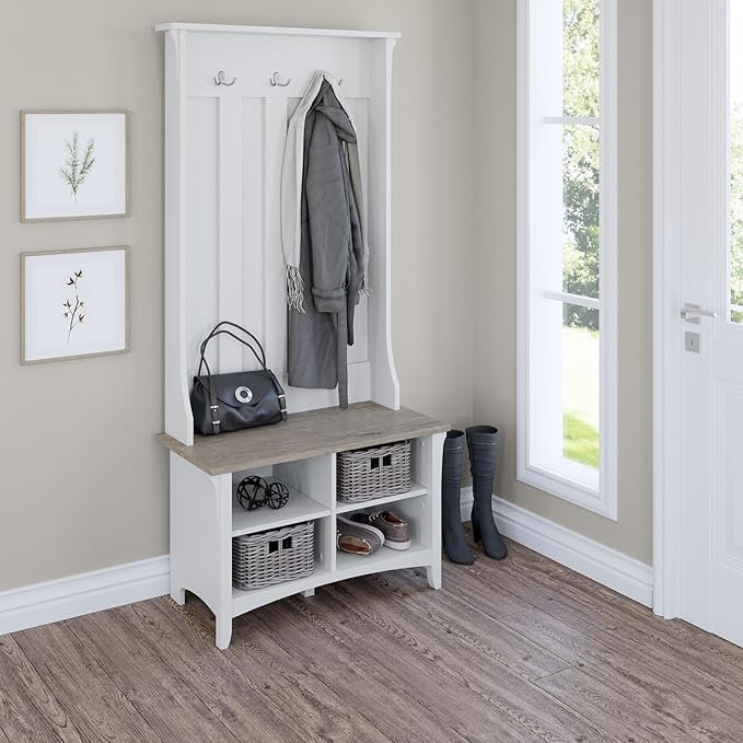 bush home salinas hall tree with shoe storage bench in shiplap gray and pure white, multi purpose home organizer, entryway solution with seating and hooks bush home salinas hall tree with shoe storage bench in shiplap gray and pure white, multi purpose home organizer, entryway solution with seating and hooks