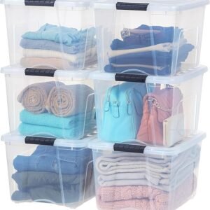 iris usa 40 qt plastic storage box with lid and latches 6 pack bpa free, see through organizing solution, durable nestable stackable containers, secure pull handle clear