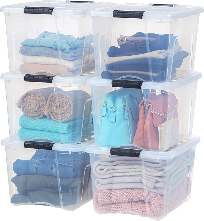 iris usa 40 qt plastic storage box with lid and latches 6 pack bpa free, see through organizing solution, durable nestable stackable containers, secure pull handle clear iris usa 40 qt plastic storage box with lid and latches 6 pack bpa free, see through organizing solution, durable nestable stackable containers, secure pull handle clear