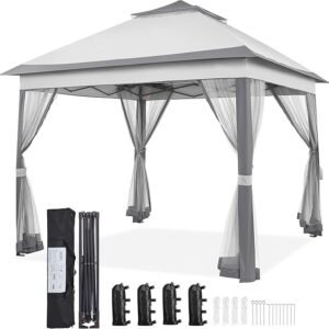 yaheetech 11x11 pop up gazebo outdoor canopy shelter, instant patio gazebo sun shade canopy tent with 4 sandbags, 2 tiers roof & mesh netting for lawn, garden, backyard & deck, gray