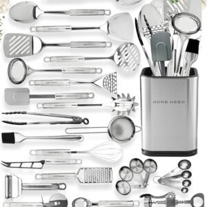 home hero 54 piece stainless steel kitchen utensils set heat resistant nonstick silicone & stainless steel cooking utensils complete tools with slotted spoon & pasta spoon pack of 54, silver