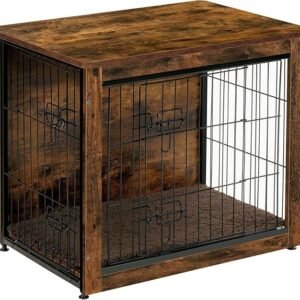 dwanton dog crate furniture with cushion, wooden kennel table with double doors, indoor dog house, small/medium/large/extra large size, 27.2" l, rustic brown