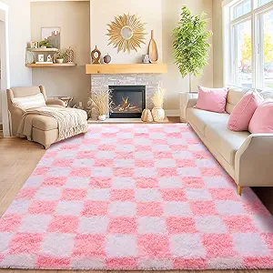 area rugs for living room bedroom 9x12, ultra fluffy shag checkered rug modern washable carpet soft shaggy non slip indoor plush fuzzy rugs for bedroom dorm office home aesthetic decor, pink and white