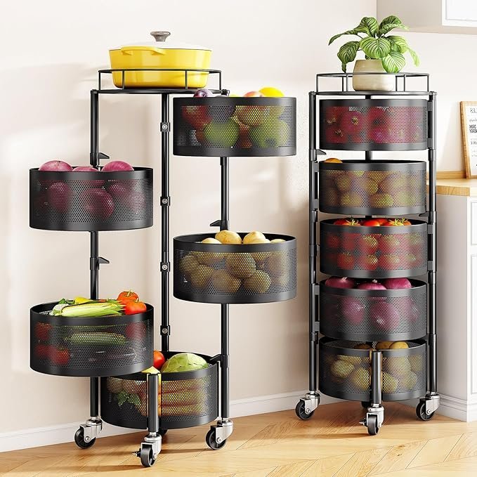 sntd fruit and vegetable basket bowls for kitchen with metal top lid, 5 tier rotating storage rack cart for potato onion bread banana, wire basket organizer on wheels, large, black