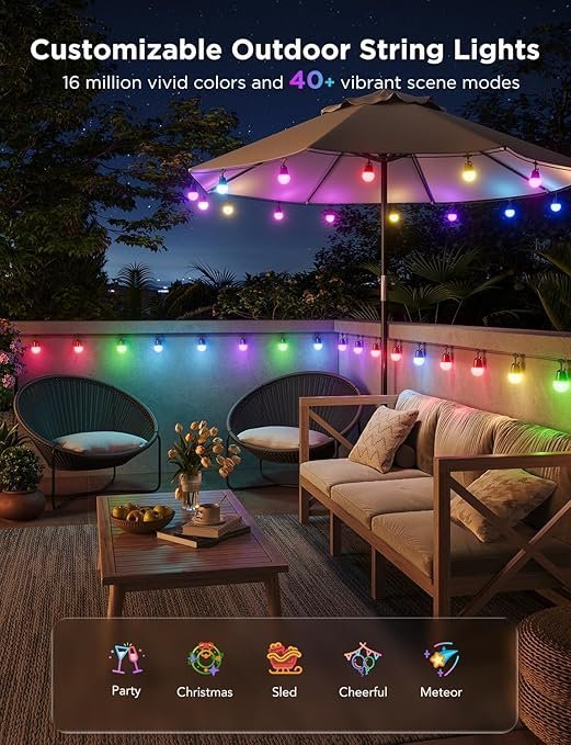 govee smart outdoor string lights 2, 144ft outdoor lights with dimmable warm white led bulbs, 47 scene modes for patio, backyard, balcony, ip65 waterproof, works with alexa, app control govee smart outdoor string lights 2, 144ft outdoor lights with dimmable warm white led bulbs, 47 scene modes for patio, backyard, balcony, ip65 waterproof, works with alexa, app control