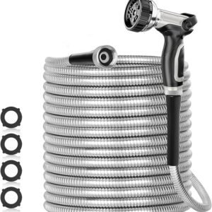 specilite 200ft 304 stainless steel garden hose metal, heavy duty water pipe with nozzles for yard, outdoor flexible, never kink & tangle, puncture resistant (sliver)