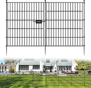 10 panels no dig decorative outdoor garden fence with gate for yard, 32 in(h) x 23.6 ft(l) animal barrier fencing rustproof metal wire panel border for dog, rabbits, and patio temporary ground stakes