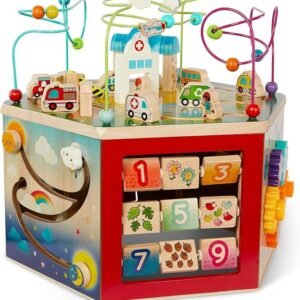 battat – wooden activity cube – city – themed activity center – educational toys – wooden toys for toddlers and kids – 1 year +