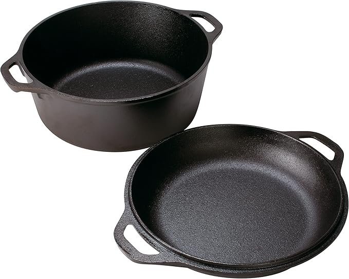 lodge cast iron double dutch oven pre seasoned 2 in 1 cast iron cookware pot & skillet combo even heat retention oven safe, versatile pot 5 quart lodge cast iron double dutch oven pre seasoned 2 in 1 cast iron cookware pot & skillet combo even heat retention oven safe, versatile pot 5 quart