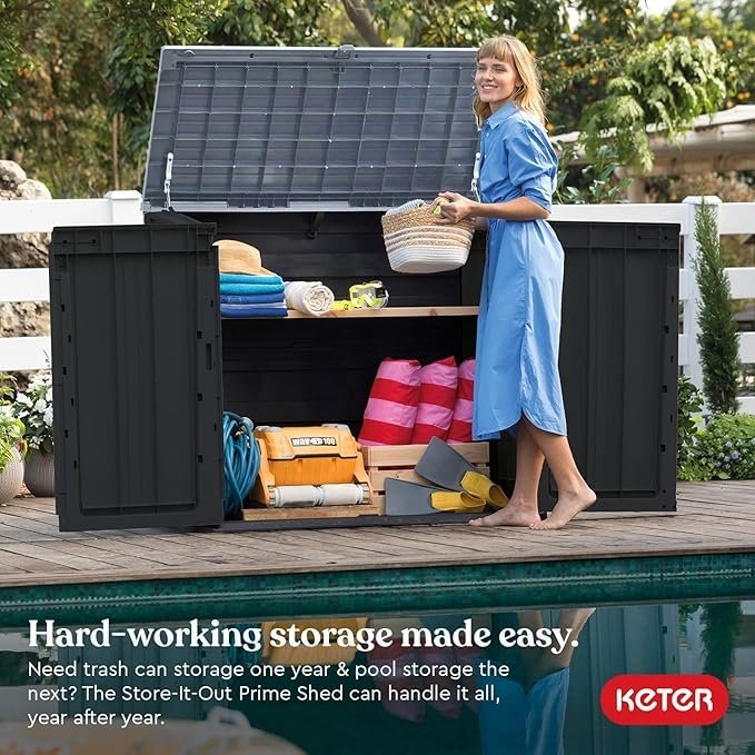 keter store it out prime 4.3 x 3.7 ft. outdoor resin storage shed with easy lift hinges, perfect for yard tools, pool floats and garden accessories, black keter store it out prime 4.3 x 3.7 ft. outdoor resin storage shed with easy lift hinges, perfect for yard tools, pool floats and garden accessories, black