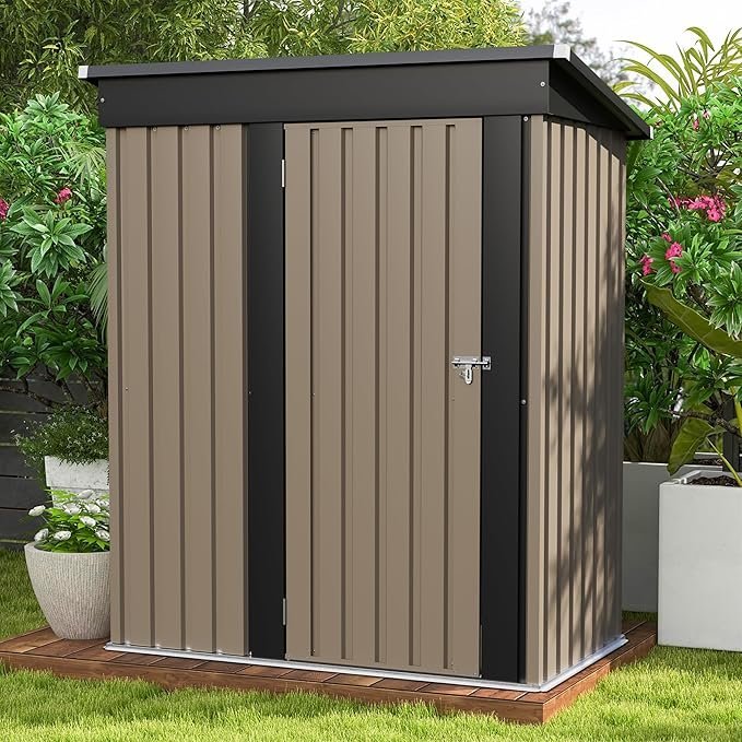 patiowell 5x3 ft outdoor storage shed, tool shed with sloping roof and lockable door, metal shed for backyard garden patio lawn, brown
