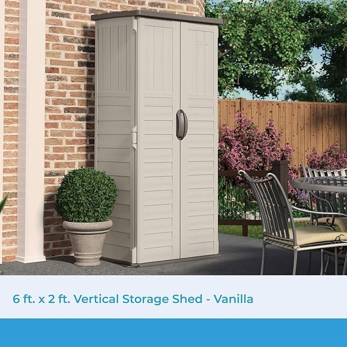 suncast vertical outdoor storage shed with all weather construction, vanilla