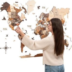 enjoy the wood 3d wooden world map wall art large travel map with pins for art decor decorative map of the world for home, office travel wall art housewarming gift idea (multicolor, m, unframed)