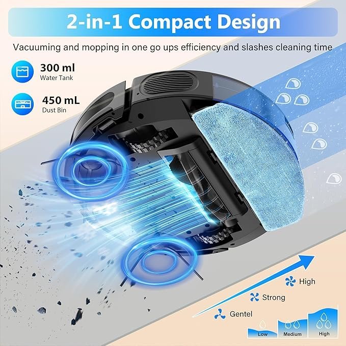 tikom robot vacuum and mop combo, 5000pa robotic vacuum cleaner, 150 min max, app & remote control, ideal for hard floor, carpet, pet hair, self charge(g8000 max) tikom robot vacuum and mop combo, 5000pa robotic vacuum cleaner, 150 min max, app & remote control, ideal for hard floor, carpet, pet hair, self charge(g8000 max)
