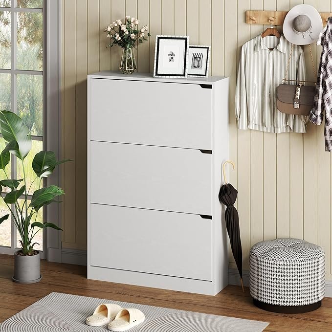 bornoon shoe cabinet with 3 flip drawers, hidden wood shoe cabinet,freestanding shoe storage cabinet for entryway hallway.white. 47.2" h*31.5" w*9.45" d. bornoon shoe cabinet with 3 flip drawers, hidden wood shoe cabinet,freestanding shoe storage cabinet for entryway hallway.white. 47.2" h*31.5" w*9.45" d.
