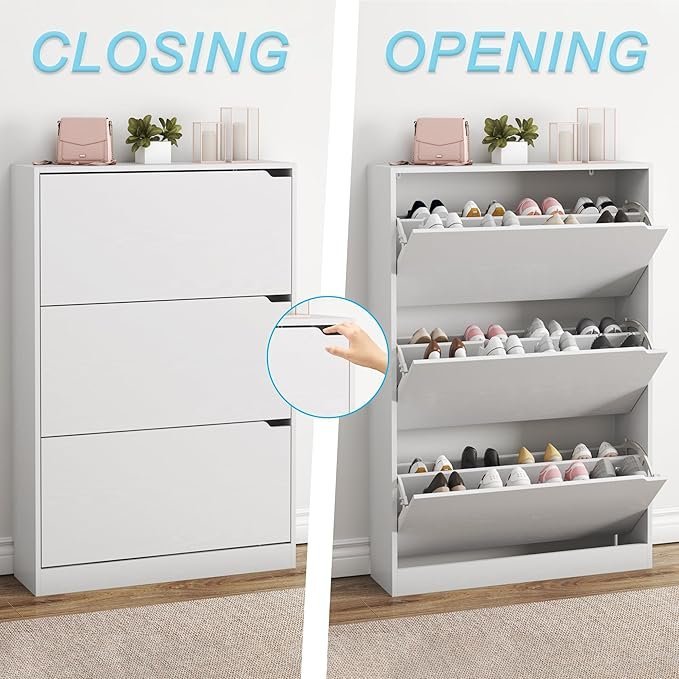 bornoon shoe cabinet with 3 flip drawers, hidden wood shoe cabinet,freestanding shoe storage cabinet for entryway hallway.white. 47.2" h*31.5" w*9.45" d. bornoon shoe cabinet with 3 flip drawers, hidden wood shoe cabinet,freestanding shoe storage cabinet for entryway hallway.white. 47.2" h*31.5" w*9.45" d.