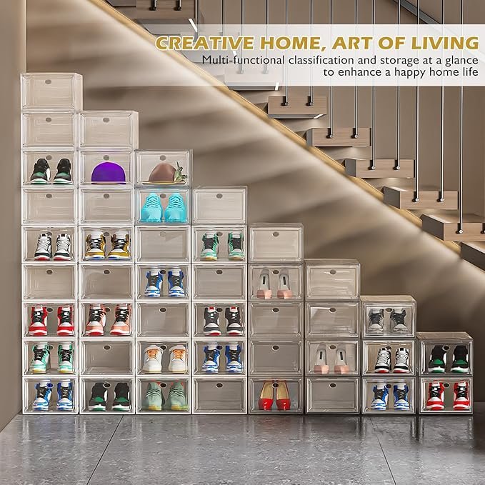 12 pack clear shoe storage organizer with magnetic door,stackable plastic shoe boxes for sneakers,boots,and heels,space saving foldable shoe rack for closet,durable shoe cabinet organizer,white 12 pack clear shoe storage organizer with magnetic door,stackable plastic shoe boxes for sneakers,boots,and heels,space saving foldable shoe rack for closet,durable shoe cabinet organizer,white