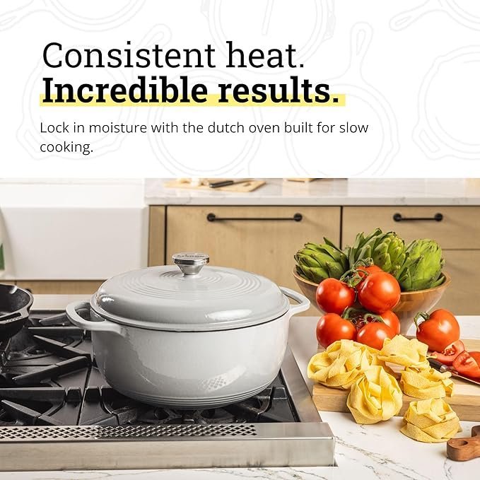 lodge essential enamel cast iron dutch oven perfect for bread baking, braising, marinating & slow cooking features moisture sealing lid & dual handles kitchen essentials 6 quarts oyster white lodge essential enamel cast iron dutch oven perfect for bread baking, braising, marinating & slow cooking features moisture sealing lid & dual handles kitchen essentials 6 quarts oyster white