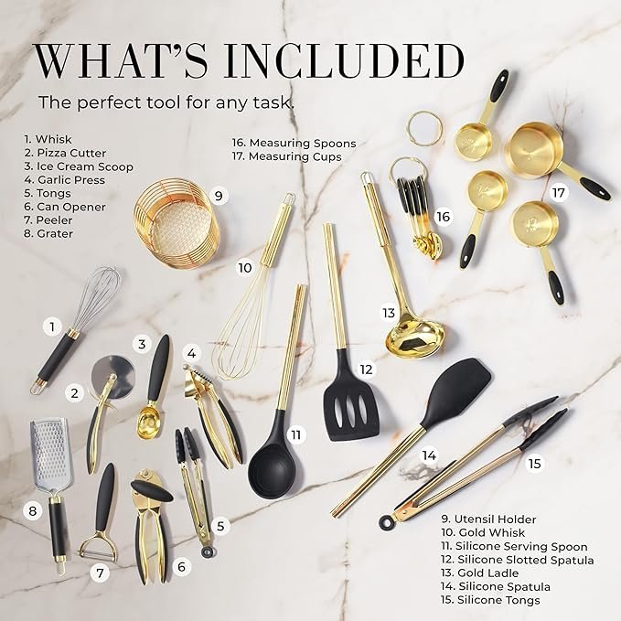 black and gold kitchen utensils set 23 piece luxury kitchen accessories includes gold measuring cups, spoons, silicone cooking utensils and tools for baking, cooking, and stylish kitchen decor black and gold kitchen utensils set 23 piece luxury kitchen accessories includes gold measuring cups, spoons, silicone cooking utensils and tools for baking, cooking, and stylish kitchen decor