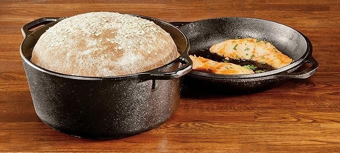 lodge cast iron double dutch oven pre seasoned 2 in 1 cast iron cookware pot & skillet combo even heat retention oven safe, versatile pot 5 quart lodge cast iron double dutch oven pre seasoned 2 in 1 cast iron cookware pot & skillet combo even heat retention oven safe, versatile pot 5 quart