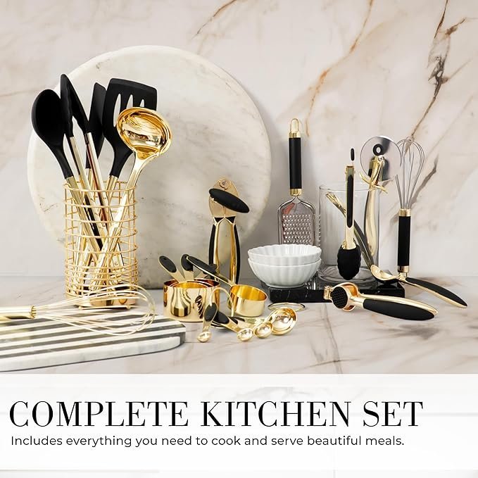 black and gold kitchen utensils set 23 piece luxury kitchen accessories includes gold measuring cups, spoons, silicone cooking utensils and tools for baking, cooking, and stylish kitchen decor black and gold kitchen utensils set 23 piece luxury kitchen accessories includes gold measuring cups, spoons, silicone cooking utensils and tools for baking, cooking, and stylish kitchen decor