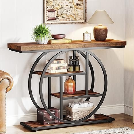 tribesigns 41.3" console table, industrial 4 tier sofa table entryway table with circle base, narrow wood accent tables with storage shelves for living room, hallway, foyer, rustic brown