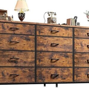 romorgniz 55" dresser for bedroom with 12 fabric drawers, entertainment center for 60 inch tv dressers & chests of drawers large organizer, living room, metal frame, wood top, rustic brown