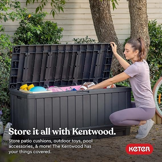 patiozen 100 gallon resin deck box, lockable patio outdoor storage box for furniture, garden tools and tools storage, waterproof outside storage boxes black