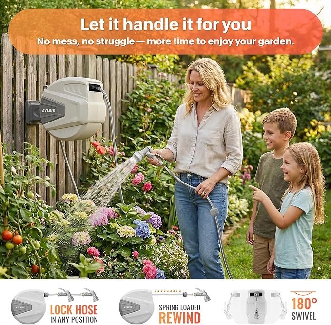 ayleid retractable garden hose reel,1/2 in x 100 ft wall mounted hose reel, with 9 function sprayer nozzle, any length lock/slow return system/wall mounted/180°swivel bracket (gray) ayleid retractable garden hose reel,1/2 in x 100 ft wall mounted hose reel, with 9 function sprayer nozzle, any length lock/slow return system/wall mounted/180°swivel bracket (gray)