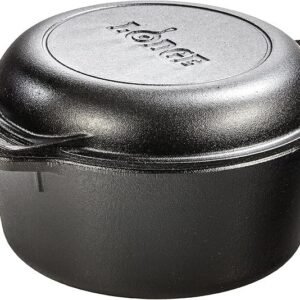 lodge cast iron double dutch oven pre seasoned 2 in 1 cast iron cookware pot & skillet combo even heat retention oven safe, versatile pot 5 quart