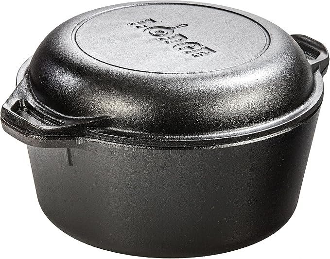 lodge cast iron double dutch oven pre seasoned 2 in 1 cast iron cookware pot & skillet combo even heat retention oven safe, versatile pot 5 quart lodge cast iron double dutch oven pre seasoned 2 in 1 cast iron cookware pot & skillet combo even heat retention oven safe, versatile pot 5 quart